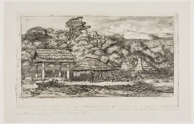 Alkuperäiskansojen latoja ja majoja Akaroassa, Banksin niemimaalla, 1845.