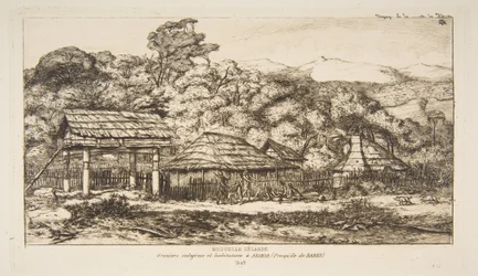 Alkuperäisväestön latoja ja majoja Akaroassa Banksin niemimaalla, 1845, teoksesta "Matka Uuteen-Seelantiin (1842-46)"