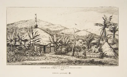 Uusi-Kaledonia: Suuri alkuasukasmaja Baladesta Pueboon johtavan tien varrella, 1845, teoksesta "Matka Uuteen-Seelantiin (1842-46)"
