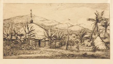 Uusi-Kaledonia: Suuri alkuperäiskansojen maja Balladen ja Poepon välisellä tiellä, 1845 (New Caledonia: Large Native Hut on the Road from Balade to Puebo, 1845)