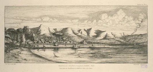 Banksin niemimaa, kärki nimeltä Charbonniers, Akaroassa, nuottakalastus, kuva teoksesta "Etchings of the Pacific"