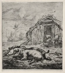 Kolme sikaa makaamassa mökin edessä, 1850.