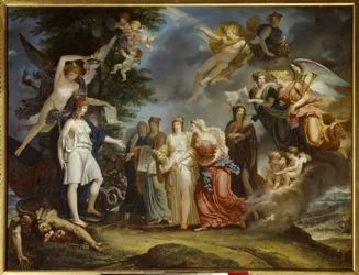 Siecle des Lumieres: "" Voittoisa Ranska rohkaisee tiedettä ja taidetta sodan keskellä"" Charles Meynier (1768-1832) maalaus 1795 Pariisi, Musee Marmottan