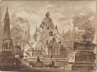 Arkkitehtoninen fantasia pyramidimausoleumin kanssa