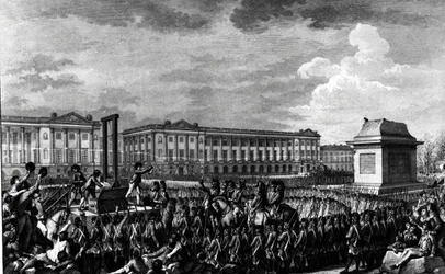 Päivä 21. tammikuuta 1793: Ludvig XVI:n (1754-93) kuolema Place de la Revolutionissa, kaiverrus Isidore Stanislas Helman (1743-1809) 1793