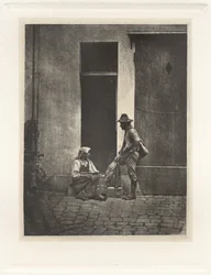 Planche IV - Pifferaro Debout et Paysanne Italienne Assise, dans la Cour du 21 Quai Bourbon (Levy IV - Pifferaro seisova ja italialainen talonpoika istuva, Quai Bourbon 21:n hovissa),1854, painettu 1982 (kuva)