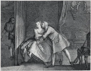 Korvavalmistaja ja muottihyllykuva Les contes de La Fontainen, noin 1743”. kaiverrus Charles-Nicolas Cochin (1715-1790).