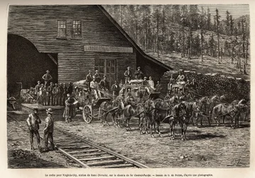 Renon asema Virginia Cityyn (Nevada) Keski-Tyynenmeren rautatiellä (Central Pacific Railway), joka on kaiverrettu O. de Pennen piirustuksen jälkeen, joka havainnollistaa matkaa Washingtonista San Franciscoon vuonna 1868, kirjoittaja L. Simonin, julkaistu "