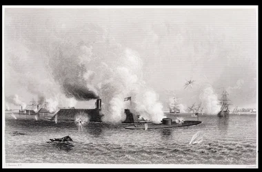 Kihlaus "Monitorin" ja "Merrimackin" välillä, 9. maaliskuuta 1862, julkaisusta "The History of the United States", voi. II, Charles Mackay, kaiverrus J. Davies