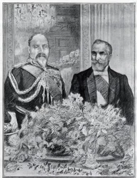 Sydämellinen: Ranskan presidentin Emile Loubetin vierailu Lontooseen - juhla Ranskan suurlähetystössä - kuningas Edward VII ja Loubet - piirtänyt Paul Renouard The Graphic -sanomalehdelle. heinäkuuta 1903.