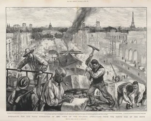 Valmistautuminen vuoden 1900 Pariisin näyttelyyn: näkymä rakennustoiminnasta Seinen pohjoispuolelta.
