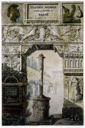 Antiikkifragmentteja muinaisesta Roomasta, Charles Percierin ja Francois Leonard Fontainen (1762-1853) pubin "Palaces, Houses and Other Modern Buildings, Drawings in Rome" otsikkosivun suunnittelu. Pariisi
