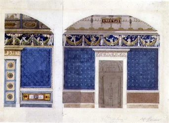 Empire-palatsin sisustussuunnitelma, noin 1810 (vesiväri ja guassi paperille).