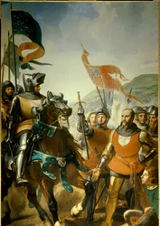 Satavuotinen sota (1337-1453): yksityiskohta "" Cocherelin taistelusta lähellä Evreuxia, jonka Bernard du Guesclin (1320-1380) voitti Navarran kuninkaan joukoissa, Charlesin maalaus 16.5.1364". Philippe Lariviere (1798-1876) noin 1837 su. 4,2x2,6 m.