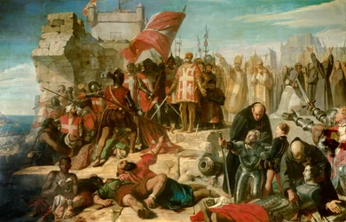 Maltan piirityksen päättyminen. Osmanikenraali Mustapha piiritti kaupunkia syyskuussa 1565. Maalauksessa Sisilian varakuningas Don García de Toledo johtaa operaatiota. Charles Larivière (1798-1876)