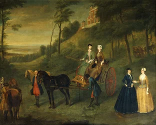 Ladyt ja Maids of Honor Greenwich Parkissa: Ryhmämuotokuva Julianasta, Leedsin herttuattaresta, Lady Charlotte Hamiltonista, Lady Isabella Tuftonista ja Henrietta, Pomfretin kreivitär, kaikki ratsastustapoja, sulhanen ja hevosten kanssa observatorion edess