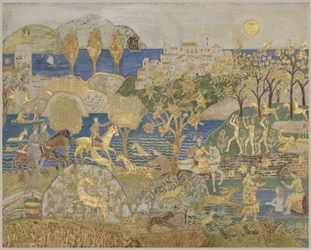 Hill Town, n. 1928 (tempera, grafiitti ja kultalehti leikatussa, gessoidussa paneelissa)