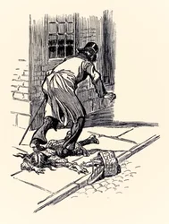 Kuin jokin kirottu "Juggernaut" Robert Louis Stevensonin (1850-1894) teoksesta "Tohtori Jekyll ja herra Hyde", kuvittanut Charles Raymond Macauley (1871-1934)