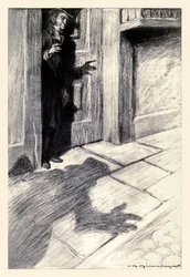 Herra Utterson tiesi lähestyvästä oudosta, kevyestä askeleesta Robert Louis Stevensonin (1850-1894) "Tohtori Jekyllin ja herra Hyden omituisesta tapauksesta", jonka kuvitti Charles Raymond Macauley (1871-1934).