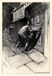 The Door -etukappale Robert Louis Stevensonin (1850-1894) "Tohtori Jekyllin ja herra Hyden omituisesta tapauksesta", kuvittanut Charles Raymond Macauley (1871-1934)