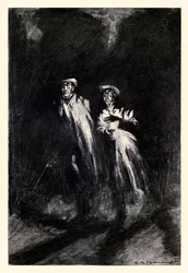 Heittoivat kynttilän valoa edestakaisin heidän askeleistaan Robert Louis Stevensonin (1850-1894) "Tohtori Jekyllin ja herra Hyden omituisesta tapauksesta", jonka kuvitti Charles Raymond Macauley (1871-1934)