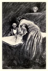 Annatko minun ottaa tämän lasin käteeni" Robert Louis Stevensonin (1850-1894) "Tohtori Jekyllin ja herra Hyden omituisesta tapauksesta", jonka on kuvittanut Charles Raymond Macauley (1871-1934)