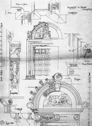 Certosa di Pavia, oviaukko pienessä luostarissa, 1891 (Sivu luonnoskirjasta, muste patruunapaperille)