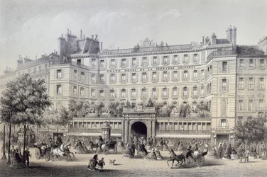 Boulevard Montmartre, Passage Jouffroy ja Grand Hotel de la Terrasse Jouffroy, 1865.