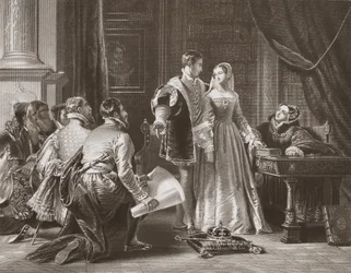 Lady Jane Greyn haluttomuus hyväksyä kruunu, kaiverrus A.H. Payne (litho)