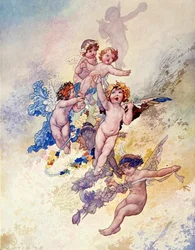 Putti kukkien seppeleillä