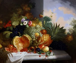 Hedelmäinen asetelma (mm. vadelmat, viinirypäleet, passionhedelmät, melonit, punaherukat, ananakset, persikat). Charles Stuartin (toim. 1854-1904) maalaus Yksityiskokoelma.