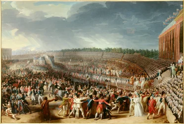 Ranskan vallankumous: "Liittojuhla Marskentällä 14. heinäkuuta 1790", 1790. Mitat: 1,27 x 1,83 m. Pariisi, Musée Carnavalet
