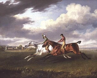 Kaksi kilpahevosta jockeys ylhäällä, harjoittelemassa maisemassa (öljy kankaalle)