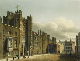 Pyhän Jaakobin palatsi, teoksesta "The History of the Royal Residences", kaivertaja Richard Reeve (s.1780), William Henry Pyne (1769-1843), 1819.