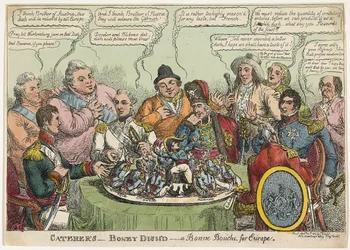 Catering- Boney Dishd- a Bonne Bouche for Europe, pub. 1813 (käsin väritetty kaiverrus).