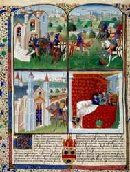 Kuva Tristanin romaanista: alku, turnaus ja kuolema. Pienoiskuva mestari Dit De Charles Du Mainesta (noin 1450 - 1460). Chantilly, Musee Conde