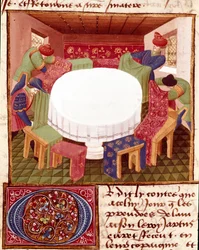 Pyöreän pöydän valmistelut miniatyyriritarien saapuessa, otettu mestarin Charles de Mainen "" Romanesque du Chevalier Tristan -kirjasta" (Beroul-versio). 1440-1460. Chantilly, Conde-museo
