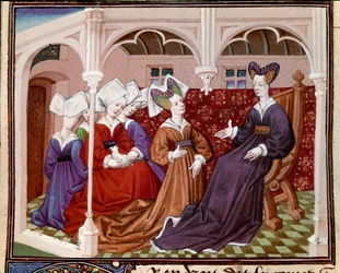 Kuningatar Iseult (tai Iseult) keskustelee miniatyyrikovereidensa kanssa Maine-mestari Charlesin "" Romance of the Knight Tristan" -sarjasta 1440-1460. Chantilly, Conde-museo