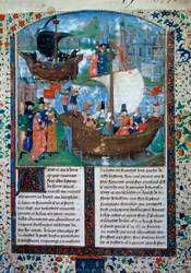 Tristan ja Iseult (Isolde tai Yseult) lähtevät Irlannista, Tristan juo rakkaussuodattimen. Syvällä sisimmässään heidän ruumiinsa tuodaan takaisin Irlantiin. Miniatyyri käsikirjoituksesta ms. 103 f.1 Tristanin romaani””, joka on katsottu Mainen mestari Char