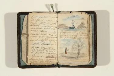 Tarinan alku "Oli kerran pieni tyttö ja hänen nimensä oli Ane, n. 1828 (kynä & muste ja akvarelli paperille)