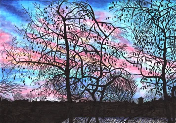 Auringonlasku Berliinin parvekkeelta, 2020 (siveltimen kynät)