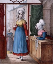 Normandian Avranchesin kaupungin naiset, lautanen "Suite de Costumesista", n. 1845 (väri litho)