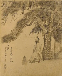 Eliksiirin valmistus männyn alla, Qing-dynastia, 1651 (muste kultapaperille)
