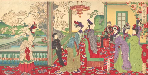 Eleganttien naisten kilpailu kirsikankukkien keskuudessa Kaika kifujin kisoi, syyskuu..., syyskuu 1887.