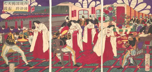 Kuva komentajista, jotka rauhoittivat Länsi-Japania, vastaanottamassa keisarin G..., heinäkuu 1877.