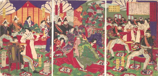 Kagoshiman kapinallisten rauhoittamisen johtajat juhlivat kupeilla..., 20. syyskuuta 1877.