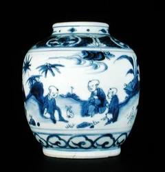 Sinivalkoinen purkki maalattu pojilla ja jänis, Wanli tai Chongzheng, 1600-30 (posliini) (ks. 206093, 206094, 206096)