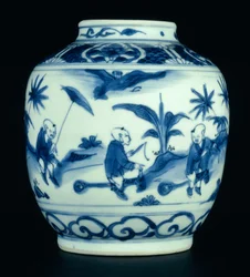 Sinivalkoinen purkki, jossa pojat leikkivät harrastushevosilla, Wanli tai Chongzheng, 1600-30 (posliini) (ks. 206093, 206095, 206096)