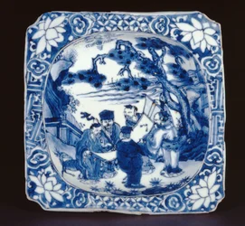 Sinivalkoinen kosometsuke-neliöastia, maalattu Shoulaolla ja muilla kuolemattomilla, Tianqi, 1621-27 (posliini)