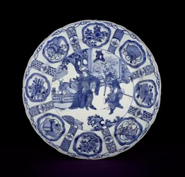 Sinivalkoinen sotureilla maalattu kraak-astia, Wanli, 1590-1610 (posliini)